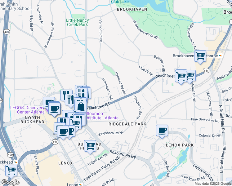 map of restaurants, bars, coffee shops, grocery stores, and more near 3686 Peachtree Road Northeast in Atlanta