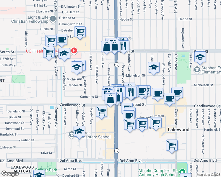 map of restaurants, bars, coffee shops, grocery stores, and more near 5513 Lakewood Boulevard in Lakewood