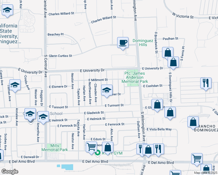 map of restaurants, bars, coffee shops, grocery stores, and more near 19232 Grandee Avenue in Carson