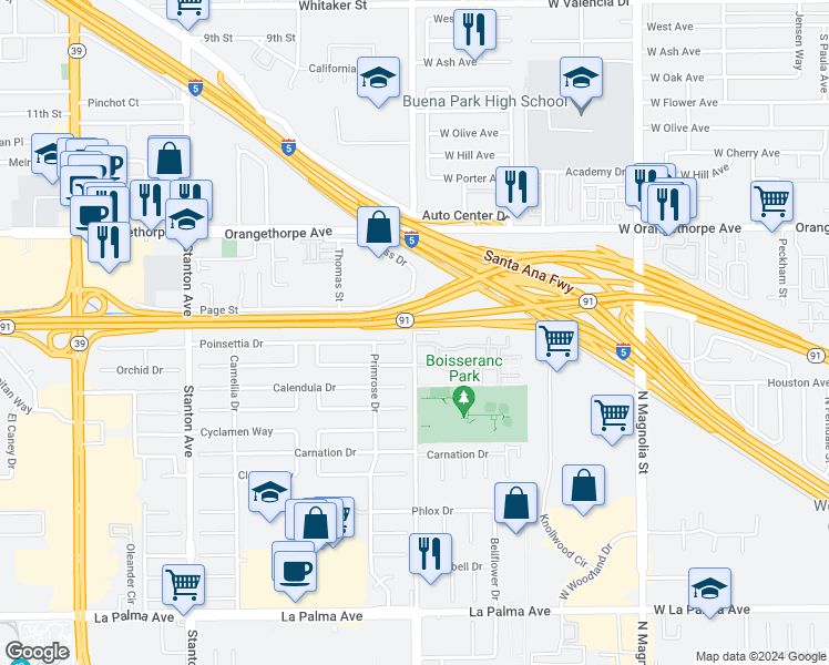 map of restaurants, bars, coffee shops, grocery stores, and more near 2839 Dale Street in Buena Park