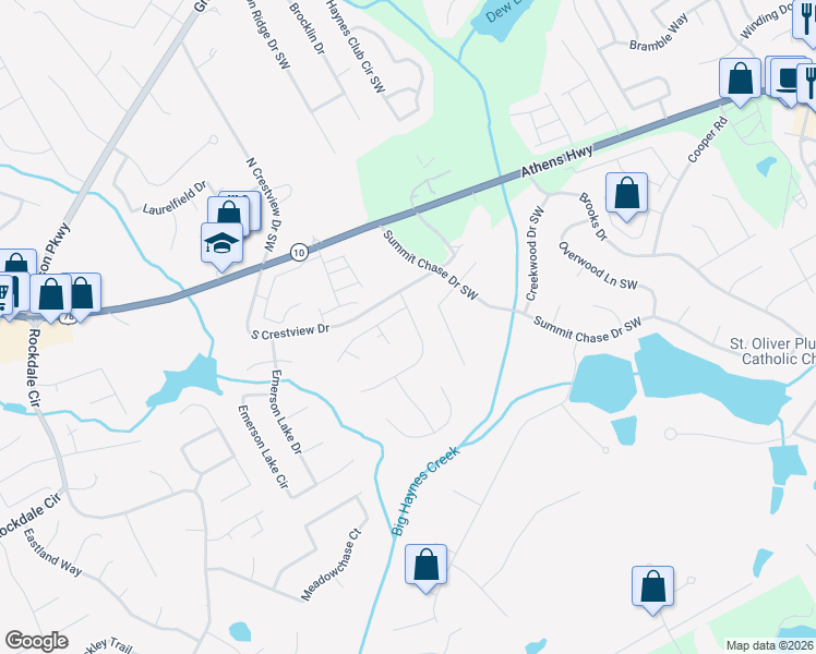 map of restaurants, bars, coffee shops, grocery stores, and more near 2885 Summit View Court in Snellville