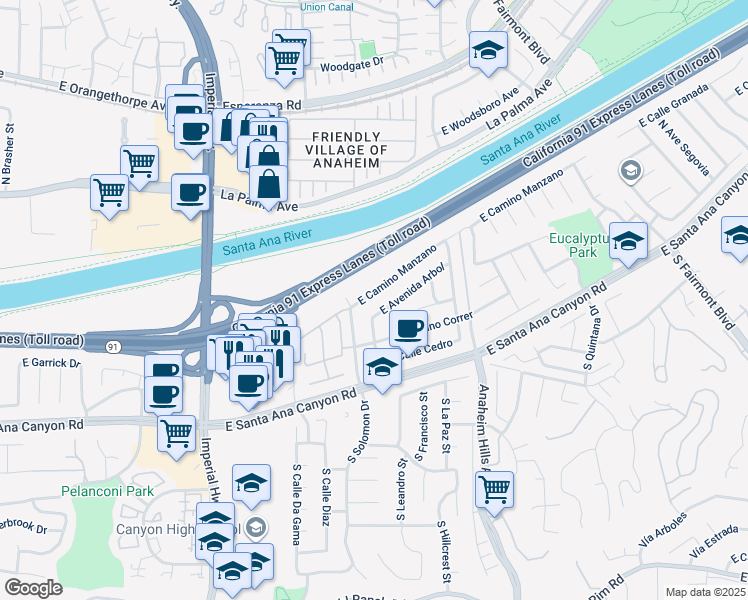 map of restaurants, bars, coffee shops, grocery stores, and more near 5918 East Camino Manzano in Anaheim