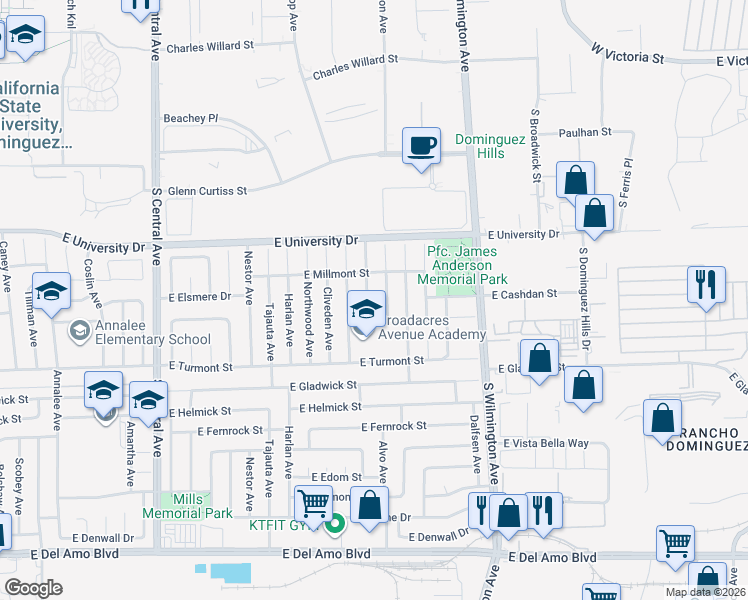 map of restaurants, bars, coffee shops, grocery stores, and more near 19232 Grandee Avenue in Carson