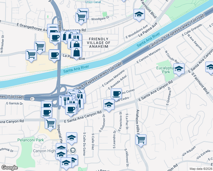 map of restaurants, bars, coffee shops, grocery stores, and more near 5918 East Camino Manzano in Anaheim