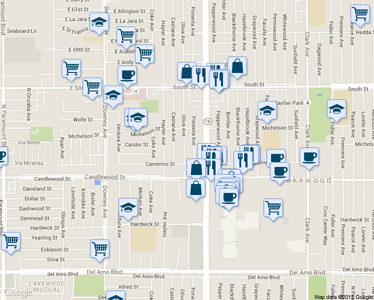 map of restaurants, bars, coffee shops, grocery stores, and more near 5432 Oliva Avenue in Lakewood
