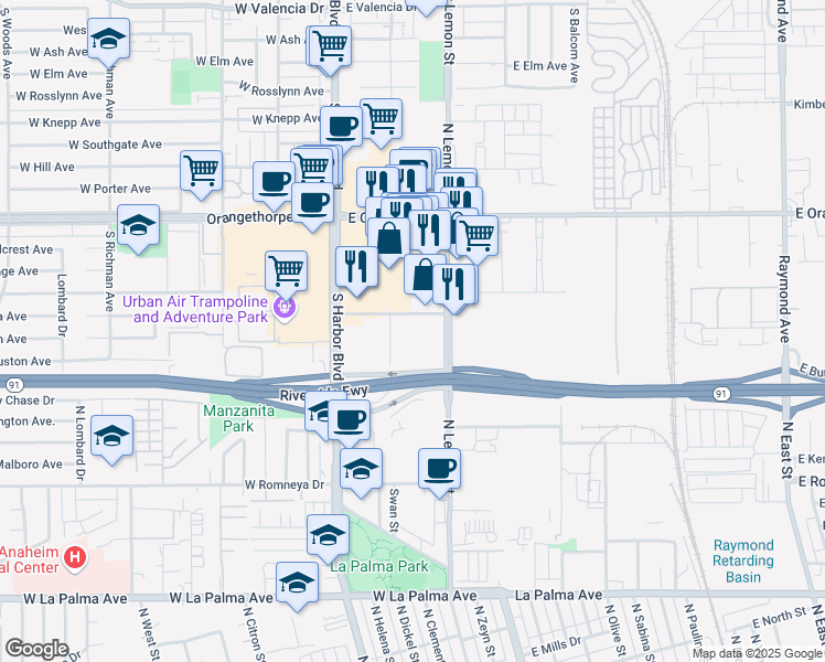 map of restaurants, bars, coffee shops, grocery stores, and more near 1530 South Pomona Avenue in Fullerton