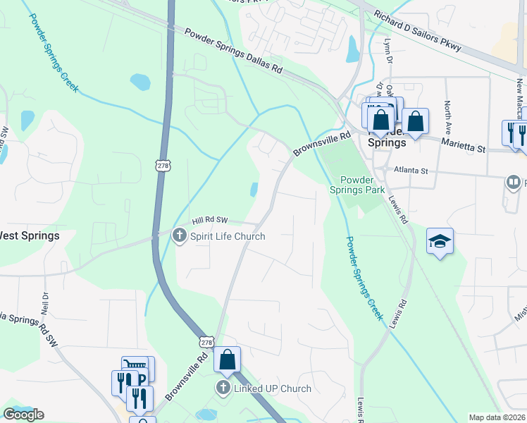map of restaurants, bars, coffee shops, grocery stores, and more near 3980 Brownsville Road in Powder Springs