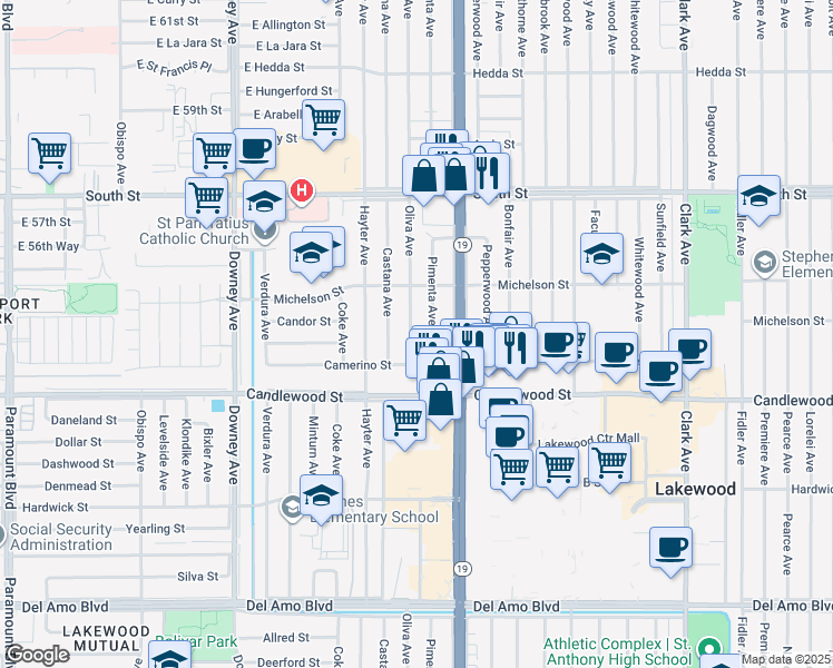 map of restaurants, bars, coffee shops, grocery stores, and more near 5432 Oliva Avenue in Lakewood