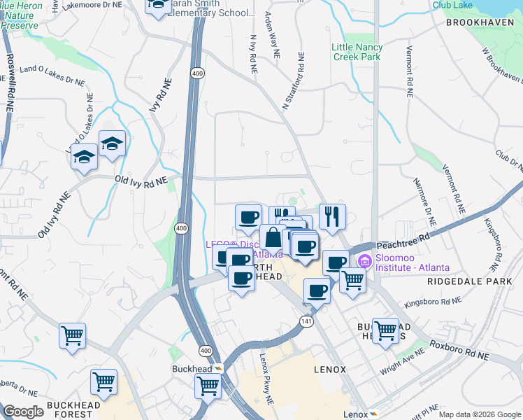map of restaurants, bars, coffee shops, grocery stores, and more near 696 Longleaf Drive Northeast in Atlanta