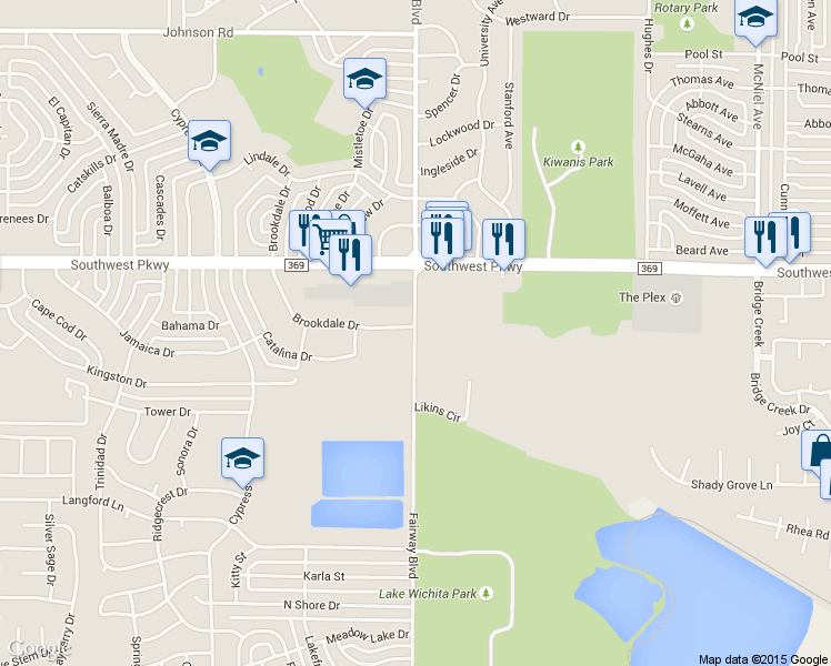 map of restaurants, bars, coffee shops, grocery stores, and more near 4801 Fairway Boulevard in Wichita Falls