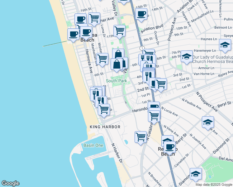 map of restaurants, bars, coffee shops, grocery stores, and more near 423 2nd Street in Hermosa Beach