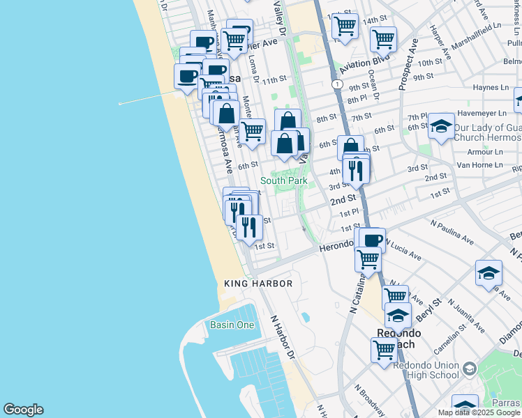 map of restaurants, bars, coffee shops, grocery stores, and more near 300 Manhattan Avenue in Hermosa Beach