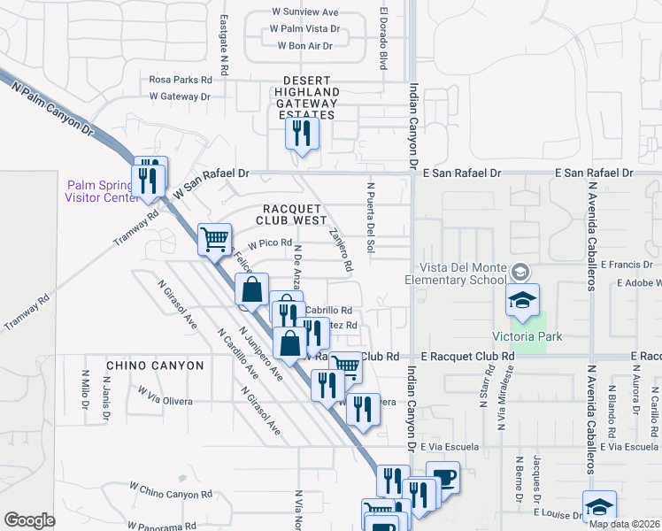 map of restaurants, bars, coffee shops, grocery stores, and more near 355 West Pico Road in Palm Springs