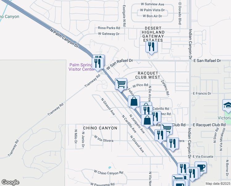 map of restaurants, bars, coffee shops, grocery stores, and more near in Palm Springs