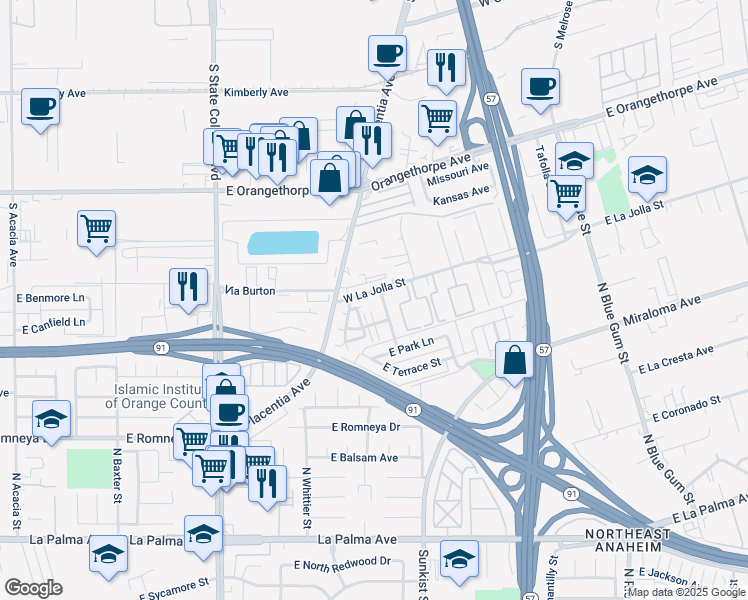 map of restaurants, bars, coffee shops, grocery stores, and more near 875 West La Jolla Street in Placentia