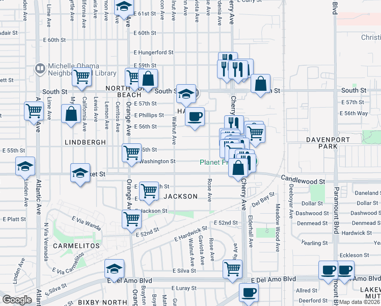 map of restaurants, bars, coffee shops, grocery stores, and more near 1689 East 55th Street in Long Beach