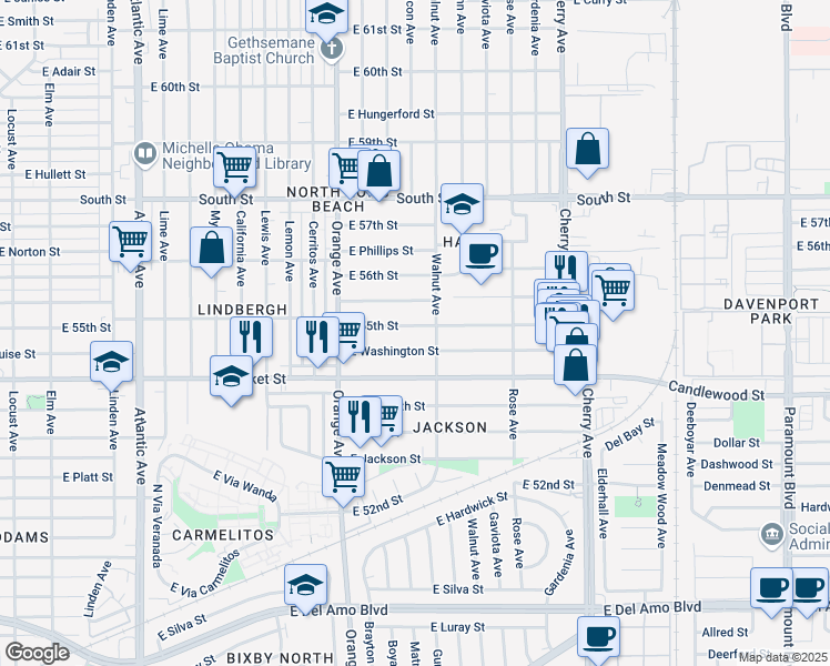 map of restaurants, bars, coffee shops, grocery stores, and more near 1456 East Michelson Street in Long Beach