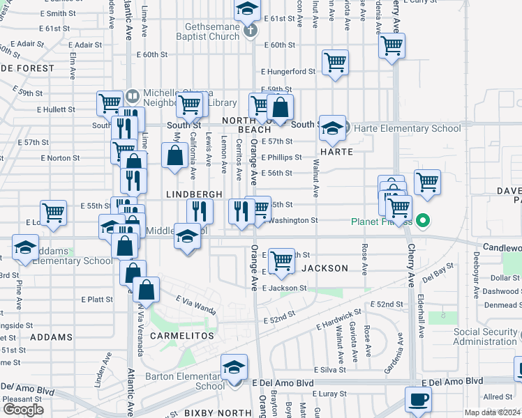 map of restaurants, bars, coffee shops, grocery stores, and more near 5513 Orange Avenue in Long Beach