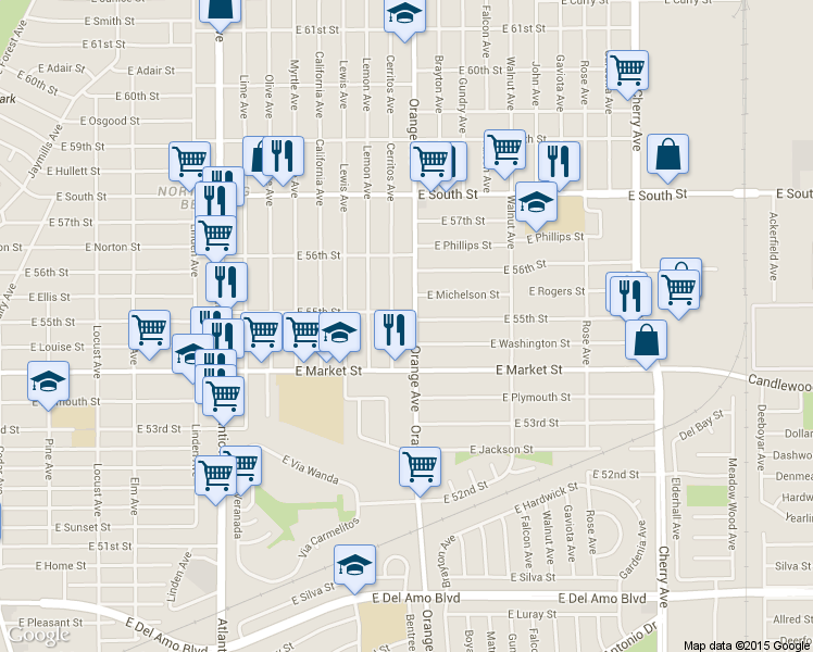 map of restaurants, bars, coffee shops, grocery stores, and more near 5513 Orange Avenue in Long Beach