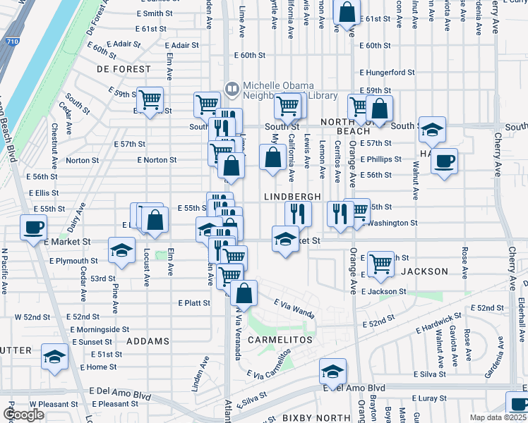 map of restaurants, bars, coffee shops, grocery stores, and more near 5508 Myrtle Avenue in Long Beach