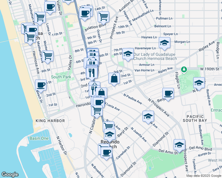 map of restaurants, bars, coffee shops, grocery stores, and more near 922 2nd Street in Hermosa Beach