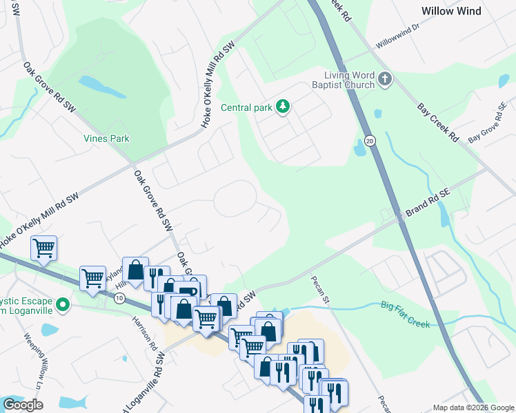 map of restaurants, bars, coffee shops, grocery stores, and more near 195 Shadowbrooke Circle Southwest in Loganville