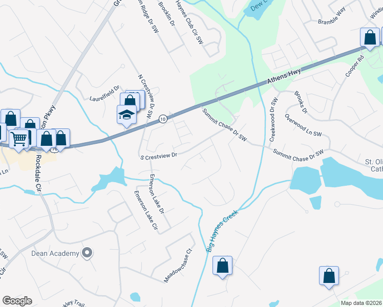 map of restaurants, bars, coffee shops, grocery stores, and more near 1635 Summit View Way in Snellville