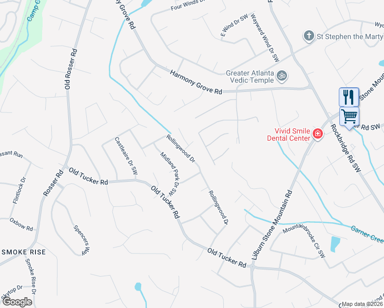 map of restaurants, bars, coffee shops, grocery stores, and more near 536 Rollingwood Drive in Stone Mountain
