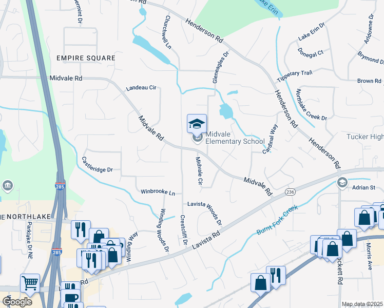 map of restaurants, bars, coffee shops, grocery stores, and more near 2396 Midvale Circle in Tucker