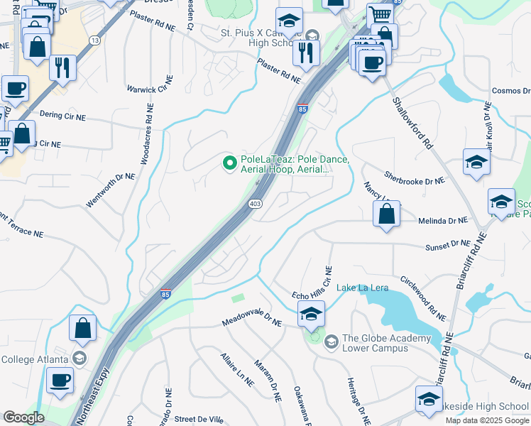 map of restaurants, bars, coffee shops, grocery stores, and more near in DeKalb County