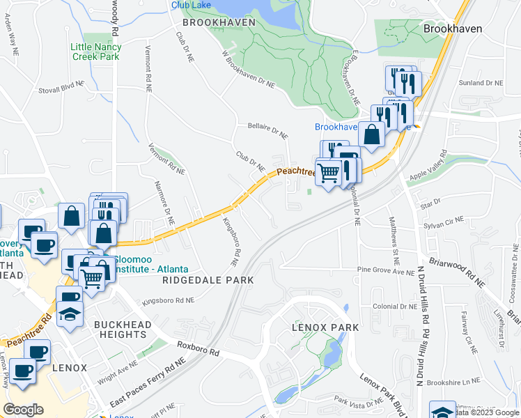 map of restaurants, bars, coffee shops, grocery stores, and more near 3777 Peachtree Road Northeast in Atlanta