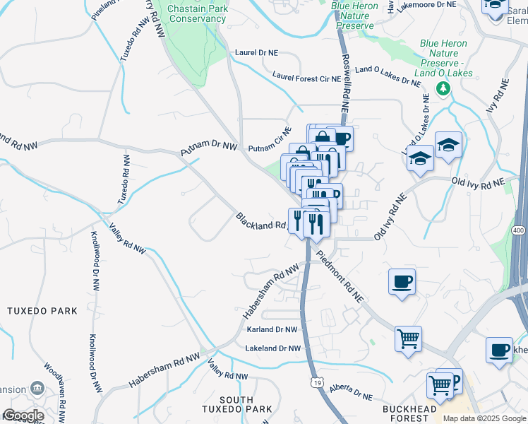 map of restaurants, bars, coffee shops, grocery stores, and more near 41 Blackland Road Northwest in Atlanta