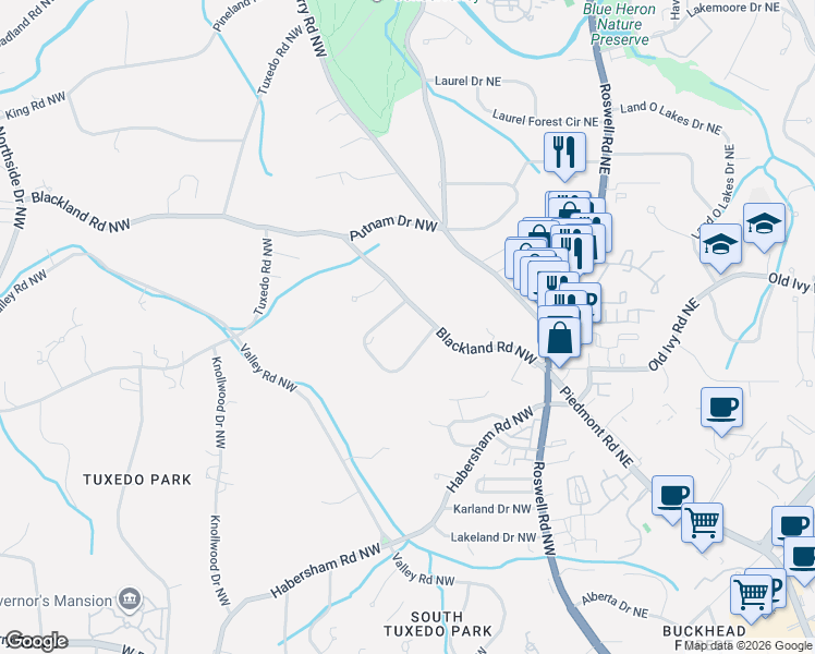 map of restaurants, bars, coffee shops, grocery stores, and more near 82 Blackland Road Northwest in Atlanta