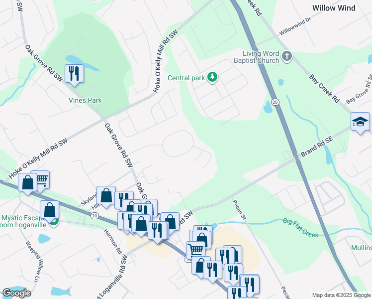 map of restaurants, bars, coffee shops, grocery stores, and more near 268 Shadowbrooke Circle Southwest in Loganville