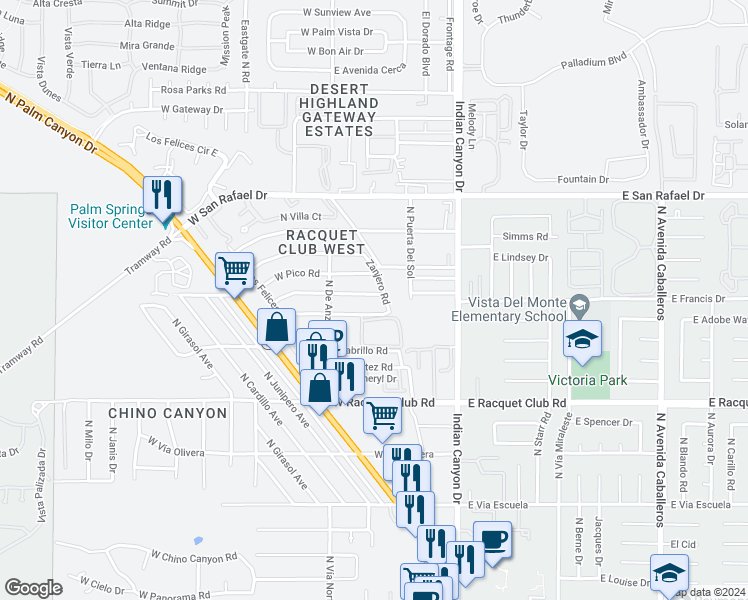 map of restaurants, bars, coffee shops, grocery stores, and more near 315 West Sepulveda Road in Palm Springs