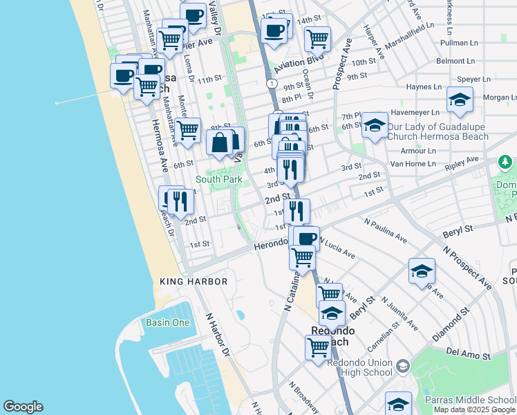 map of restaurants, bars, coffee shops, grocery stores, and more near 554 2nd Street in Hermosa Beach