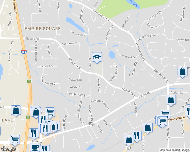 map of restaurants, bars, coffee shops, grocery stores, and more near 2396 Midvale Circle in Tucker