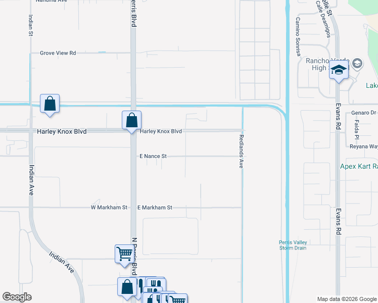 map of restaurants, bars, coffee shops, grocery stores, and more near 220 East Nance Street in Perris