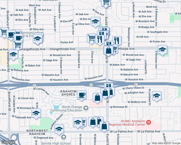 map of restaurants, bars, coffee shops, grocery stores, and more near 1512 South Lovering Avenue in Fullerton