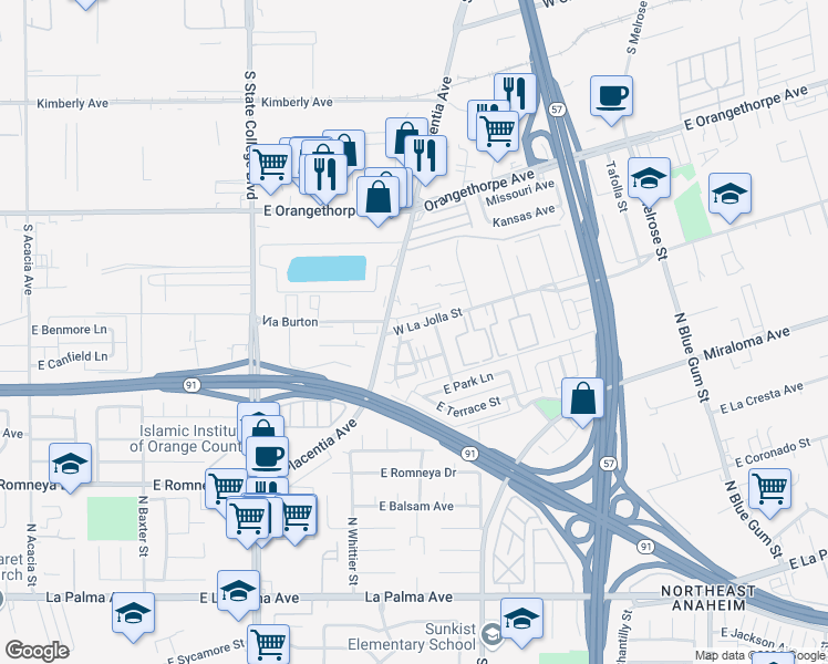 map of restaurants, bars, coffee shops, grocery stores, and more near 926 West La Jolla Street in Placentia