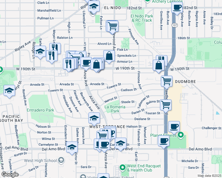 map of restaurants, bars, coffee shops, grocery stores, and more near 4810 Towers Street in Torrance