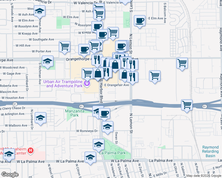 map of restaurants, bars, coffee shops, grocery stores, and more near 1521 South Pomona Avenue in Fullerton
