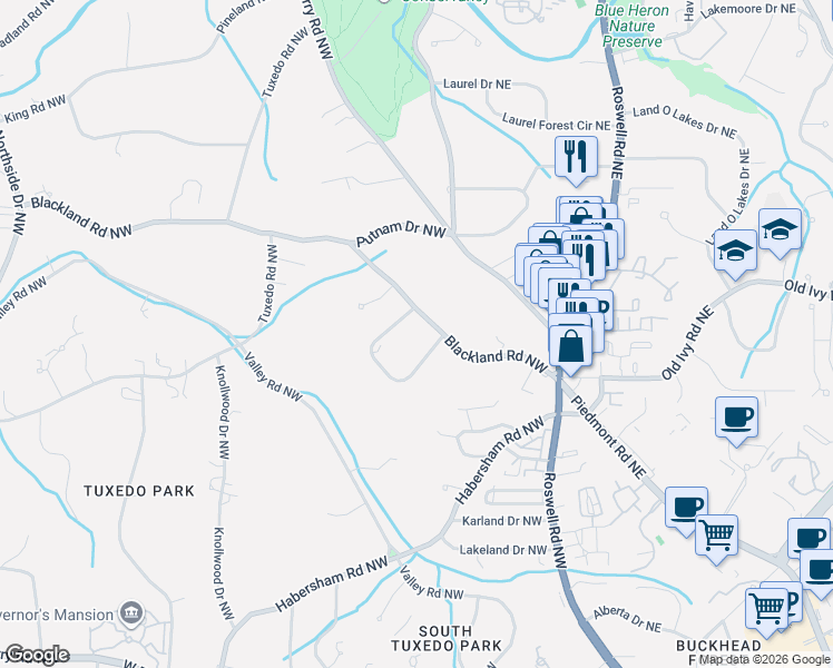 map of restaurants, bars, coffee shops, grocery stores, and more near 82 Blackland Road Northwest in Atlanta