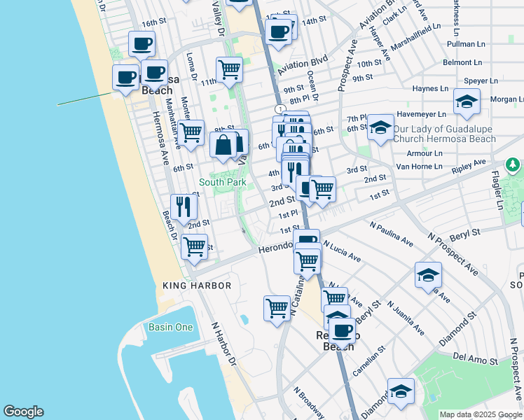 map of restaurants, bars, coffee shops, grocery stores, and more near 554 2nd Street in Hermosa Beach