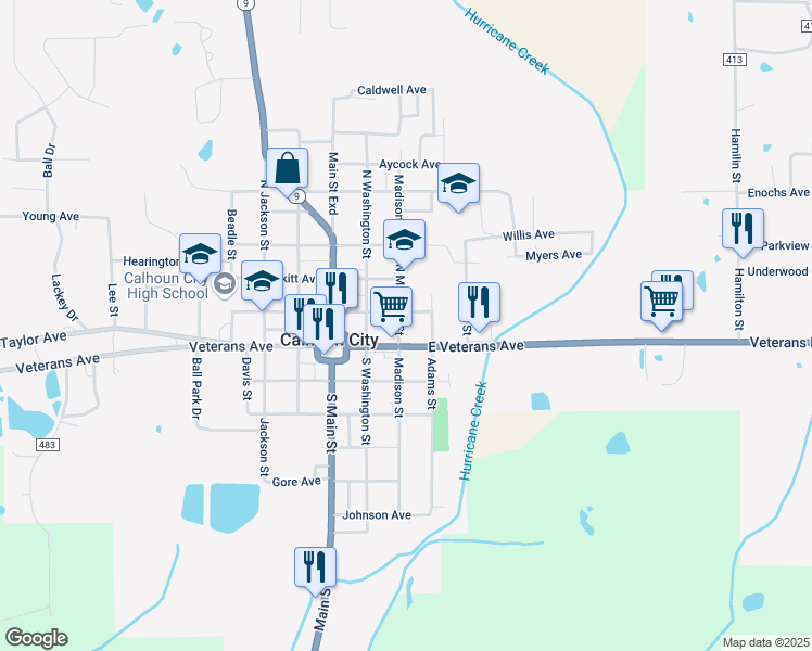 map of restaurants, bars, coffee shops, grocery stores, and more near 201-299 N Madison St in Calhoun City
