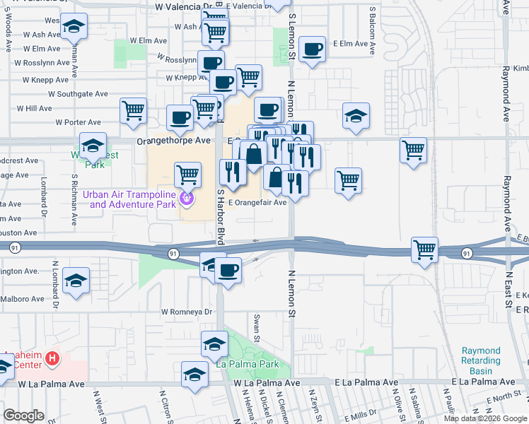 map of restaurants, bars, coffee shops, grocery stores, and more near 1530 South Pomona Avenue in Fullerton