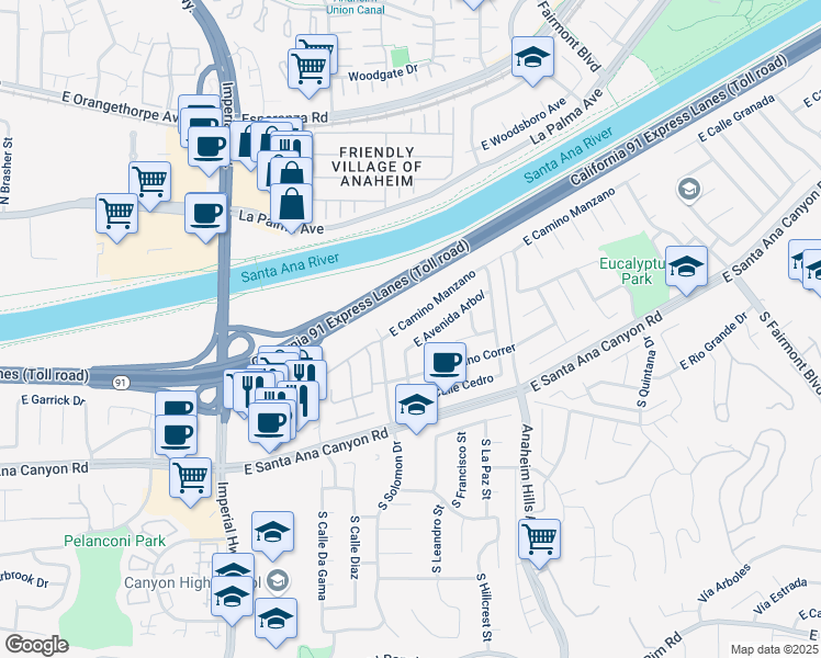 map of restaurants, bars, coffee shops, grocery stores, and more near 5937 East Camino Manzano in Anaheim