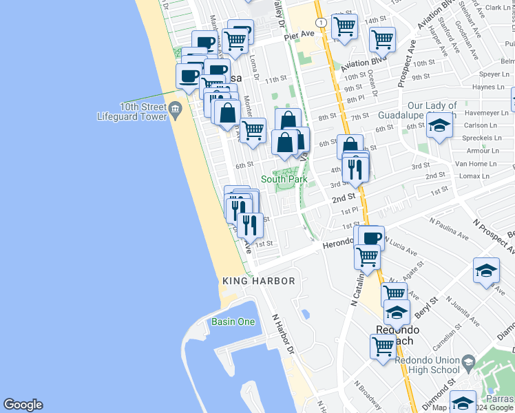 map of restaurants, bars, coffee shops, grocery stores, and more near 300 Manhattan Avenue in Hermosa Beach