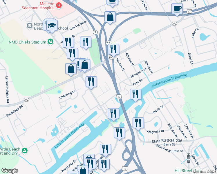 map of restaurants, bars, coffee shops, grocery stores, and more near in Little River