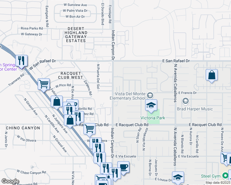 map of restaurants, bars, coffee shops, grocery stores, and more near 100 East Francis Drive in Palm Springs
